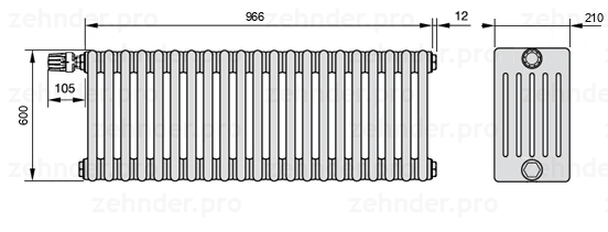 Схема (чертеж) Радиатор Zehnder Charleston 6060/21 №V011 Белый глянцевый RAL 9016